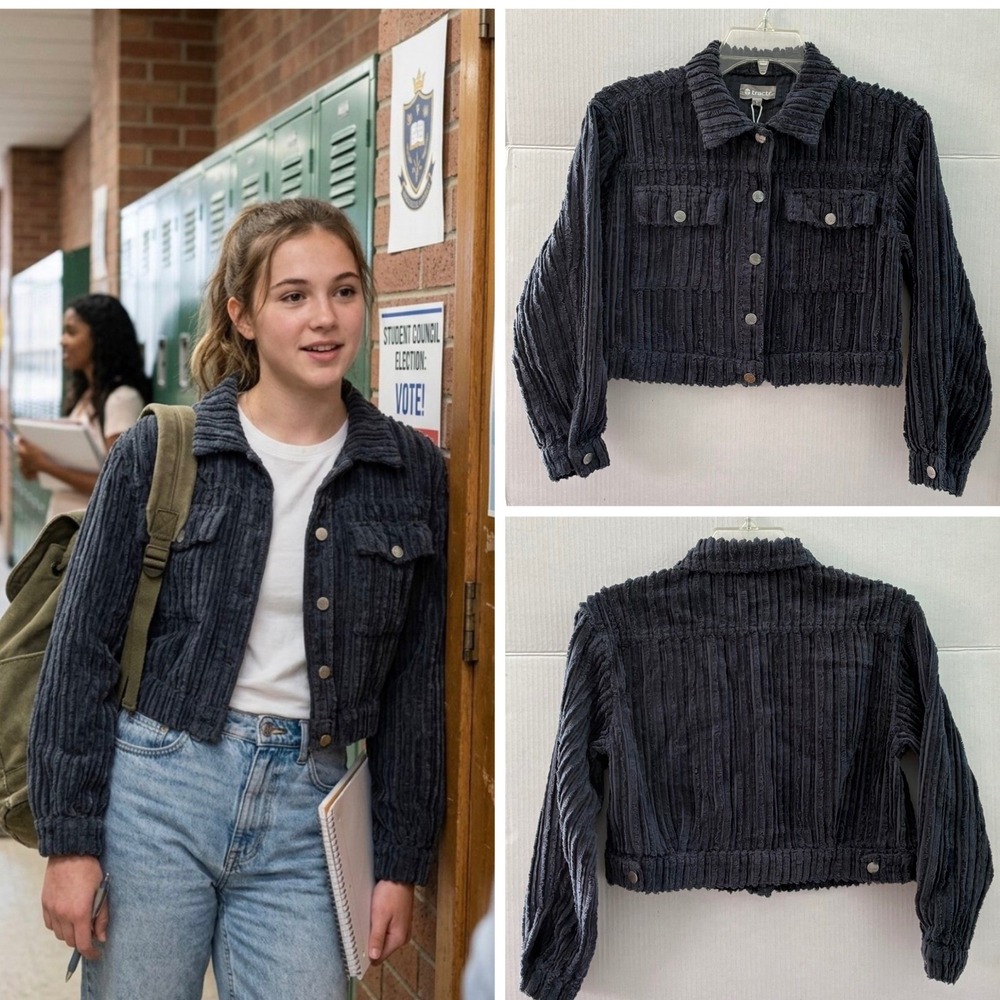 Girls Cropped Corduroy Jacket Blue Ribbed Textured Button Up L Streetwear Y2K